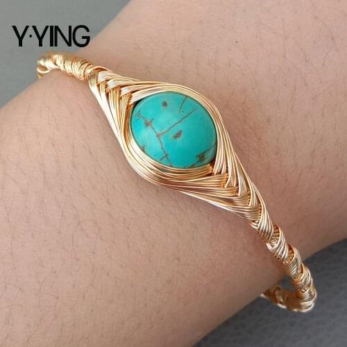 Y·YING Freshwater White Rice Pearl Blue howlite Handmade Gold color Plated Bangle Bracelet ethnic style for women