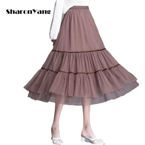 Spring Summer Vintage Tulle Skirt Women Elastic High Waist Mesh Skirts Long Pleated Tutu Skirts Female Black Ankle Length Skirt