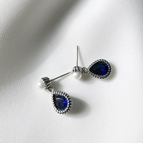 South Korea Real Silver whole S925 pure silver Blue Tears Blue Gemstone earrings Pearl earrings ear hook