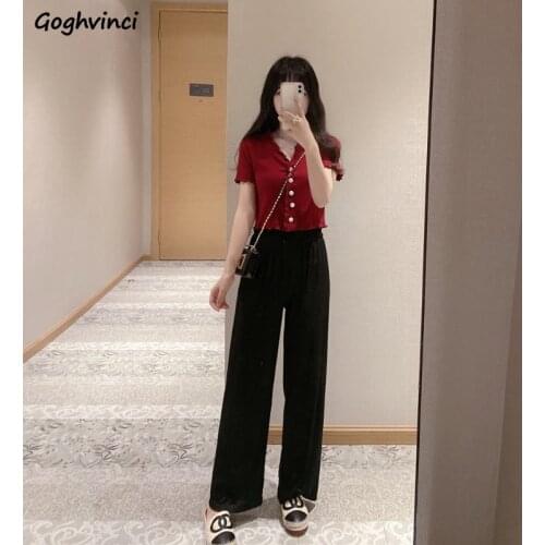 Women Sets 2021 Summer Solid Casual OL Short Sleeve V-neck Single Breasted High Waist Show Thin Straight Wide Leg Trousers Soft