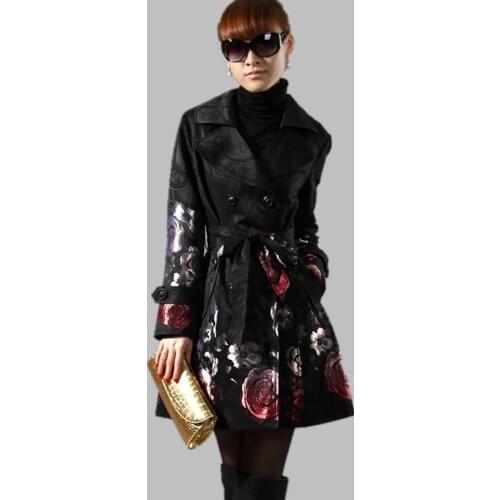 2020 Spring Autumn Floral Long Trench Coats Women Outerwear Plus Size Rose Jacquard Double Breasted Slim Windbreaker Female C254