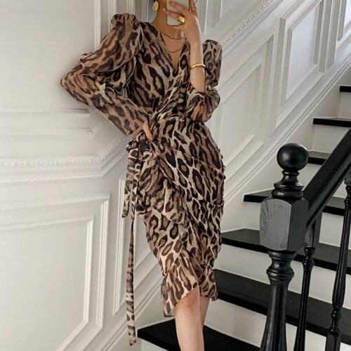 Spring Autumn Chic French Sexy Leopard Print Irregular Long Sleeve Chiffon Dress Women