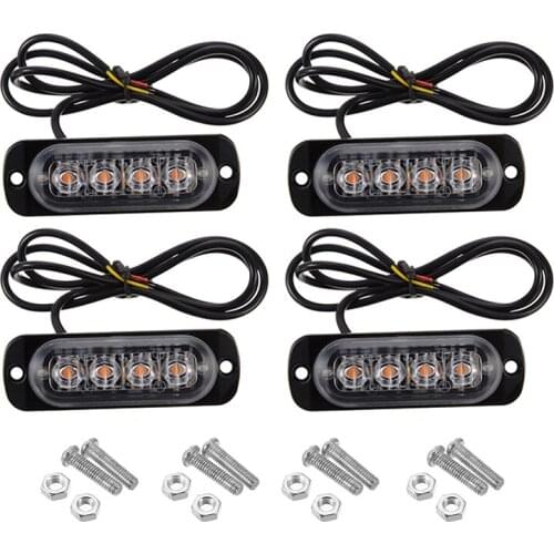 4pcs 4 LED 12V 12W Amber Yellow Emergency Beacon Warning Light Hazard Flash Strobe Bar Lamp Waterproof IP67 For Car Auto Truck