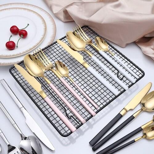 4pcs/Set Luxury Black Gold 304 Stainless Steel Dinner Set Mirror Gold Knife Teaspoon ложки Fork Dinnerware Set