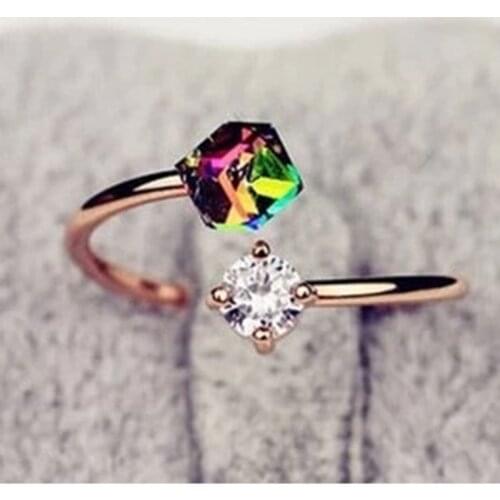 Rose Gold Colorful Dream Blocks Crystal Retro Zircon Shiny Lady Ring Engagement Wedding Cocktail Ring Valentines Day Gift