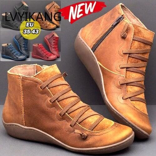 Womens PU Leather Ankle Boots Women Autumn Winter Cross Strappy Vintage Women Punk Boots Flat Ladies Shoes Woman Botas Mujer