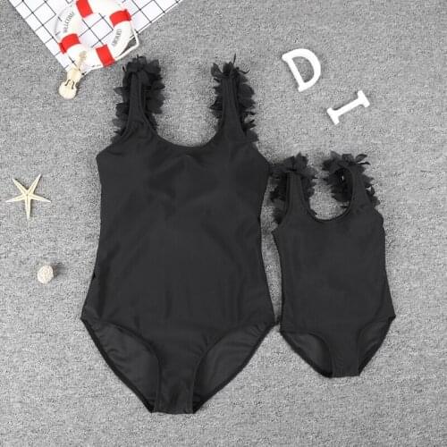 Black One-Piece Swimsuits 2020 Beach Flower Petal Shoulder Strap Parent-Child Swimwear Mom And Daughter Bathing Suit