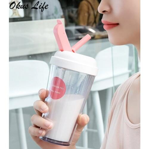 INS 420ML New Double Layers Reusable Coffee Cup Milk Tea Smoothie Straw Cups Outdoor Drinking Bottle Travel Mug with Brush