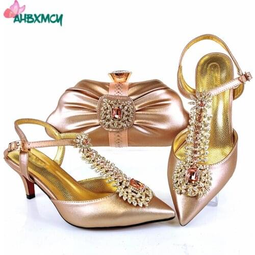 Elegant Style Fashionable New Coming Nigerian Women Shoes and Bag Set in Champagne Color Pointed Toe Shoes and Bag to Match