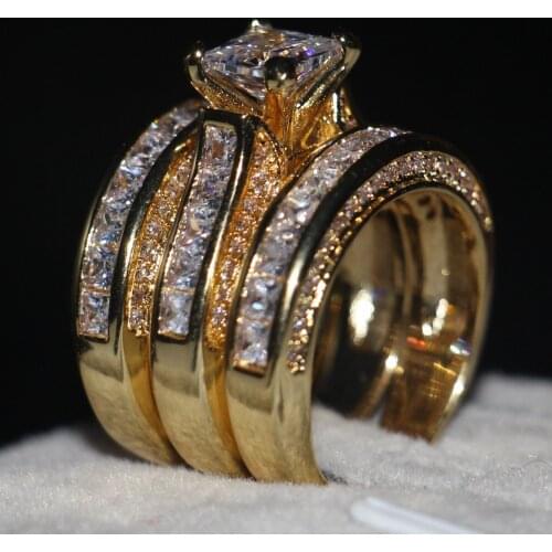 Vecalon Fashion 3-in-1 Women ring Princess cut 7mm AAAAA Zircon cz Yellow Gold 925 Sterling Silver wedding Band ring Set