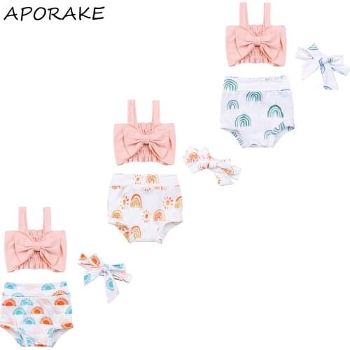 2021 0-24M Cute Baby Girls Clothing Summer Outfits Sleeveless Bow Knot Strap Pleated Crop Tops+Rainbow Shorts+Headband Set 3pcs
