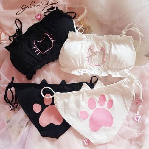 Japanese Lolita Cute Sexy Cat Young Girls Women Lingerie Bra and Panty Set Underwear Cartoon Wirefree Bra Thong Anime Cosplay
