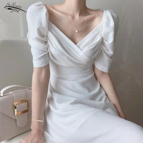 Summer dress V-neck short puff sleeve white mid-length dress French high-waist chiffon dress female elegant Korean version 13703