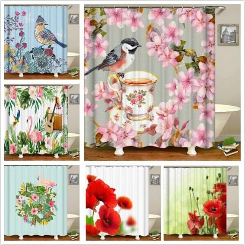 Bestselling 3D Flower Bird Animal Print Nordic Style Shower Curtain Set Hook Natural Landscape Home Decoration Bathroom Curtains