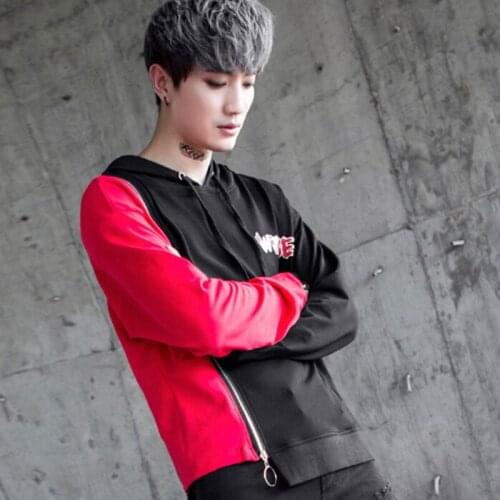 Men 3D oversized hip hop hoodie red patchwork removable zipper hoody men punk streetwear singer stage costume sweatshirts