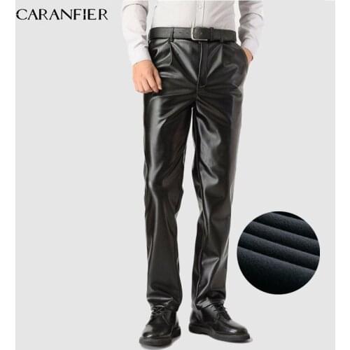 CARANFIER 2019 Mens Business Slim Fit Stretchy Black Faux Leather Pants Male Elastic Loose Trousers Leather Shiny black Pants