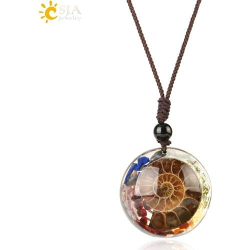 CSJA Natural Stones Ammonite Fossils Pendants Necklaces Cabochon Chip Beads Resin Spiral Conch Shell Pendant for Female Men G322