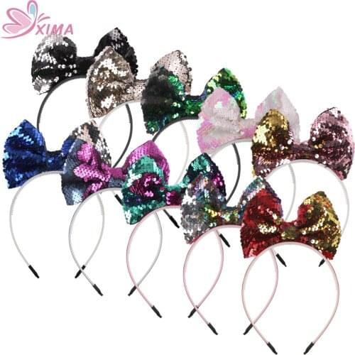 XIMA 10pcs/lot 5inch Women Reversible Change Color Sequin Bow with Teeth Hairband Girls Headband Hair Accessories for Party