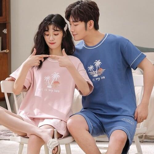 Summer Couple Pajamas Set Cotton Plus Size Casual Mens Sleepwear Fashion Print Short Sleeve Nightwear Cute Pink Girls Homewear