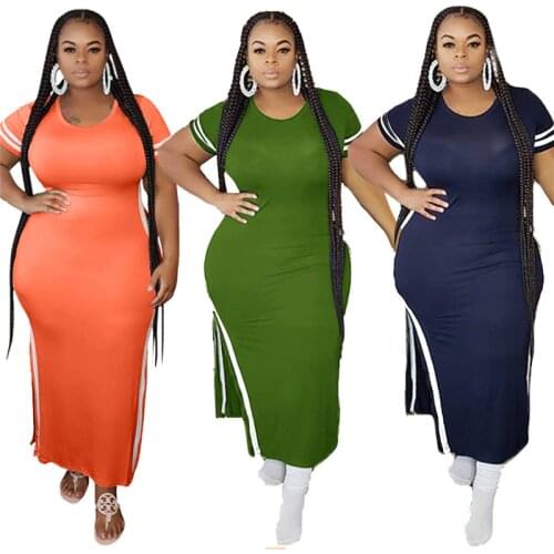 Casual Dress Women Plus Size L-5xl Clothing Wholesale Short Sleeve Striped Side Bodycon Stretch Maxi Dresses Woman Dropshipping