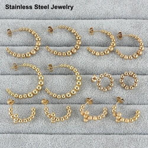 Luxury Stainless Steel Beaded Stud Earrings For Women Gold Color Statement Elegant Metal Earrings Ladies Jewelry