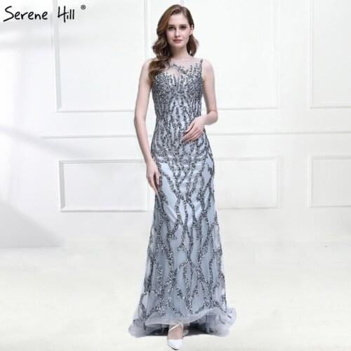 Grey Sleeveless Mermaid Sparkly Sexy Evening Dress Crystal Sequined Luxury Evening Gowns 2020 Real Photo LA6399