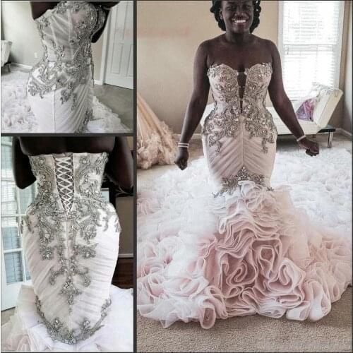 Mermaid wedding dresses 2020 sweetheart neckline pleats beading crystal ruffle tiered chapel train long bridal dresses