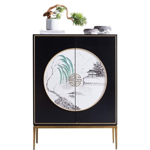 Furniture light luxury new Chinese solid wood dining side cabinet Zen porch cabinet modern color painting decorative cabinet
