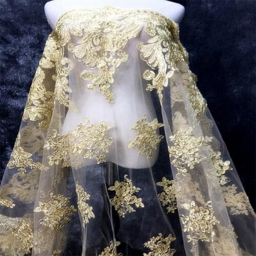 Gold Applique Sequins Lace Fabric Wedding Dress Material Veil Accessories 1 yard