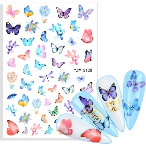 1 Sheet Blue Nail Stickers Pink Colorful Butterfly Art Sticker With Adhesive DIY Extension Nail Decoration