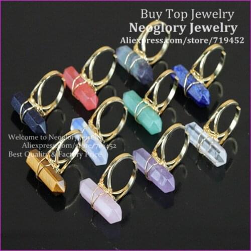 10pcs Mix Natural Gems Stone Finger Ring,metal Plated Wire Wrapped Bail Point Ring Hexagon Reiki Charka Quartz Druzy Ring