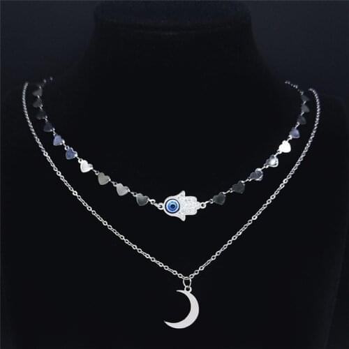 2PCS Hamsa Hand Crystal Stainless Steel Turkey Eye Moon Necklace Silver Color Necklaces Islam Muslim Jewelry cadena N3787S01