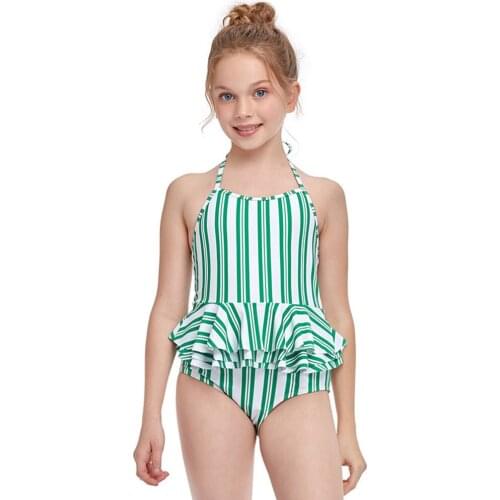 2021 New Stripe High Elasticity Small Freshness Girls' One Piece Skirt Swimsuit With Ruffle for Children Age 2-12Y