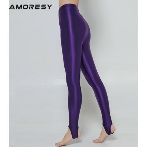 AMORESY Satin GLOSSY OPAQUE Step-on-the-foot Shiny Wet look Tights Yoga pants Leggings Women Sexy Stockings Fitness Sports