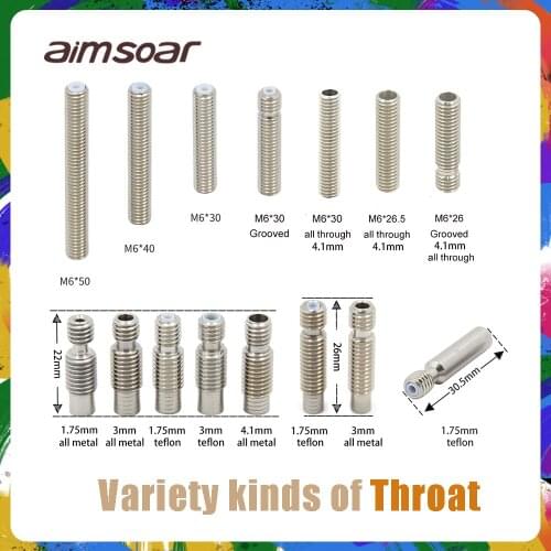 Throat 3d printer extuder throat v6 throat with PTFE tube 22mm 26mm 26.5mm 30mm 30.5mm 40mm for 1.75mm 3mm 3d printer parts