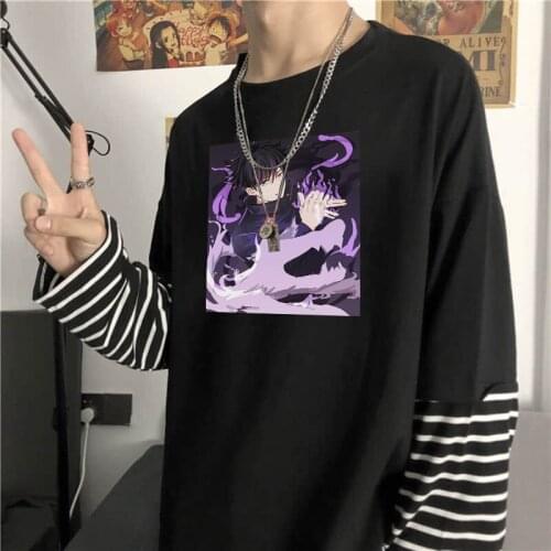 Anime Jujutsu Kaisen Fushiguro Megumi Long Sleeve T Shirts Men Women Funny Of Purple Background Graphics Summer Stripes T-Shirt