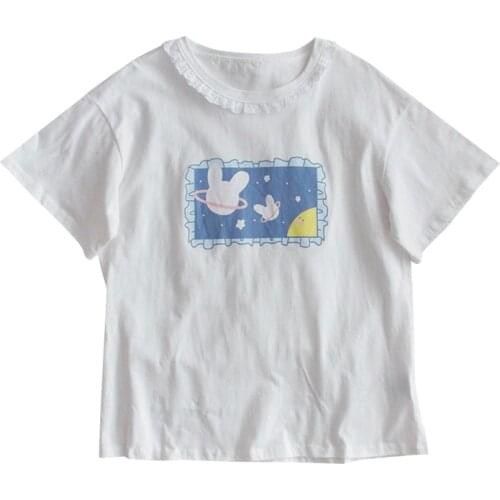 Japanese Kawaii tshirt Women 2021 Summer Tops Teen Soft Girl Lolita Lace Cute Bunny Graphic Tees White Pink Sweet Femme T shirts