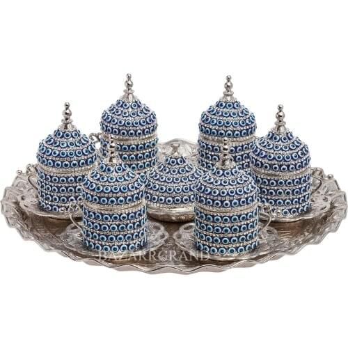 LUXURY TURKISH PORCELAIN COFFEE SET WITH NAZAR CHILDREN STONE STONE COFFEE SET WITH SIX-PERSONIC - GOLD-SILVER ROUND TRAY