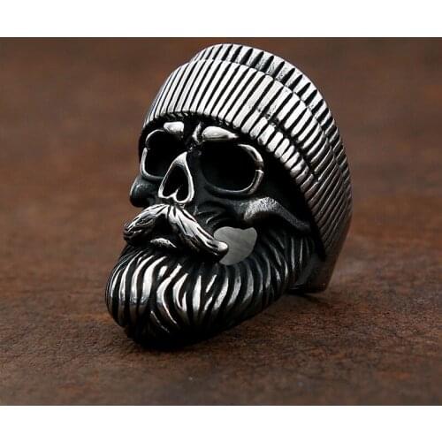 Punk Style Big Beard Skull Ring Men Boys Unique Retro Stainless Steel Pirate Skull Rings Male Fashion Rock Biker Jewelry Gift