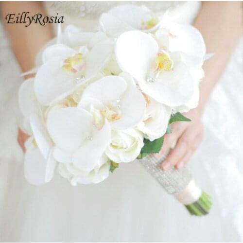 EillyRosia Korean Butterfly Orchid Bride Bouquet White High-end Simulation Flowes Pure Wedding Bouquet with Rhinestones Chic
