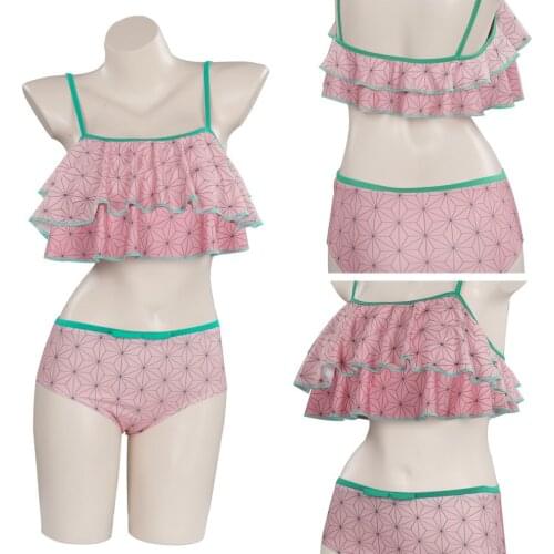 Demon Slayer Cosplay Kimetsu no Yaiba Kamado Nezuko Cosplay Two Piece Ruffled Push Up Swimwear Suit