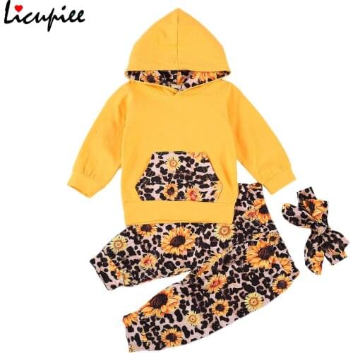 Baby Girl\unews Long-sleeved Trousers Suit Fresh Leopard Sunflower Print Hooded T-shirt Elastic Long Pants Headband 0-24 Month