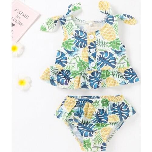 Girl’s Printed 2Pcs Swimwear Set Sleeveless Button Decorations Lace-up Tank Tops with Ruffled Triangle Bottoms 2021 Kid Swimwear