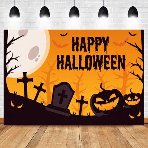Laeacco Halloween Cartoon Pumpkin Lantern Tombstone Birthday Banner Photo Photography Backdrop Photo Background For Photo Studio