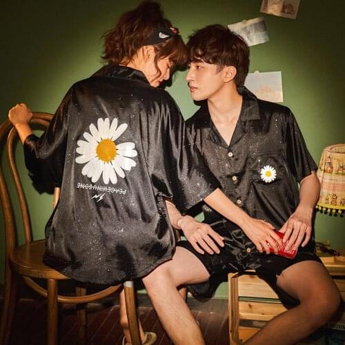 Summer Silk Pajamas Women Thin Short Sleeve Fresh Plus Size Loose Suit Mens Household Set