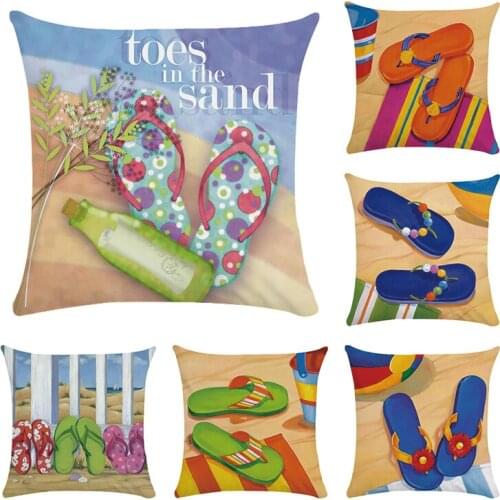 Fashion Beach Sea Wave Flip Flops Worn Here Slipper Burlap Cushion Cover Pillowcases Sunshine Cushion Tricot Home CR102