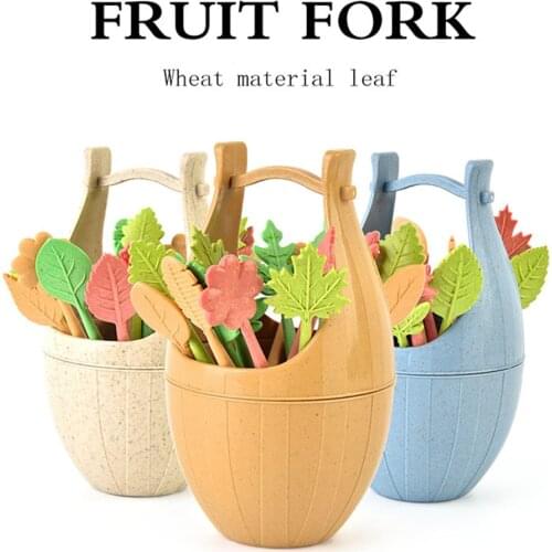 16pcs Flower Leaf Design Fruit Forks Set Wheat Straw Party BBQ Cocktail Supplies Snack Cake Salad Picks Toothpick with Bucket
