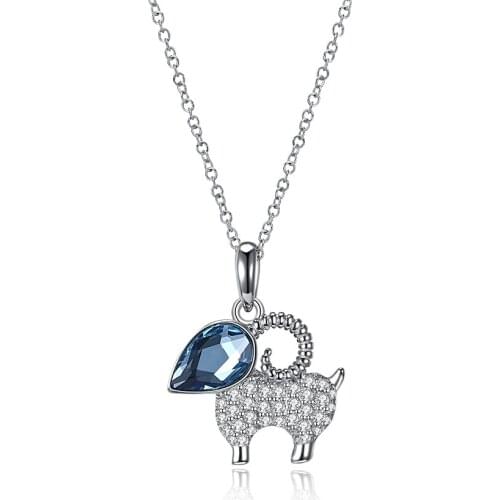 SILVERHOO 925 Sterling Silver Necklace For Women Cute Sheep Blue Austria Crystal Pendant School Romantic Fashion Annimal Jewelry