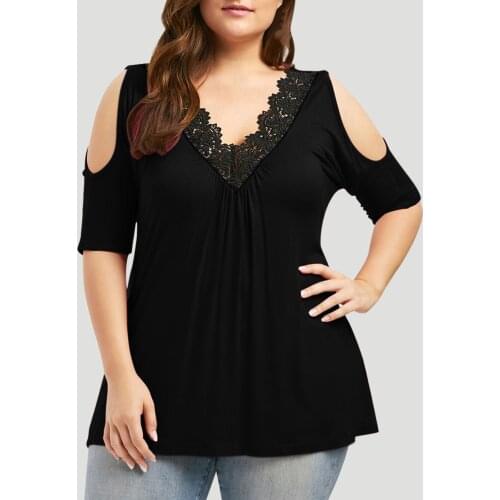 Plus Size Lace Stitching Womens Blouse Cold Shoulder Summer Top Solid Color V-neck Blusas Y Camisas Ladies Black Blusa 2021