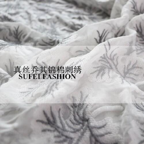 90CM Wide Embroidery Silk Acrylic Beige Lace Fabric for Wedding Evening Dress Shirt S238